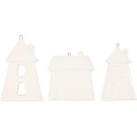Creativ Company Hangende ornamenten, huizen, h: 7,6-9,7 cm, wit, 3 stuk/ 1 doos