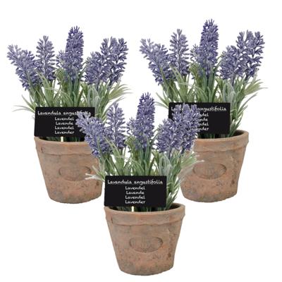 True to Nature Kunstplant - 3x stuks - lavendel - in terracotta pot - 23 cm