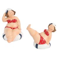 Woonkamer decoratie beeldjes set van 2 dikke dames - rood badpak - 10 cm - thumbnail