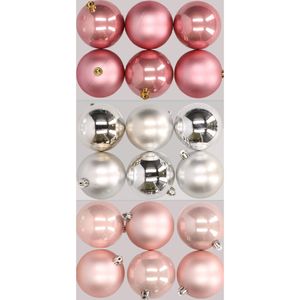 18x stuks kunststof kerstballen mix van lichtroze, zilver en oudroze 8 cm   -