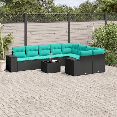 10-delige tuinbankset met kussens van zwart polyrotan