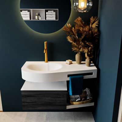 MONDIAZ RIVA 100cm badmeubel onderkast / planchet kleur Antracite met 1 lade. Wastafel DULCET links 1 kraangat kleur Talc. MONDIAZ RIVA 100cm badmeubel onderkast / planchet kleur Antracite met 1 lade. Wastafel DULCET links 1 kraangat kleur Talc.
