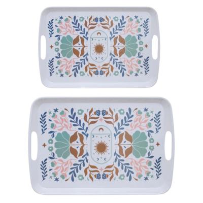 5Five Design dienbladen van melamine - 2x stuks - in 2 maten - flowers print wit