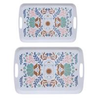 5Five Design dienbladen van melamine - 2x stuks - in 2 maten - flowers print wit