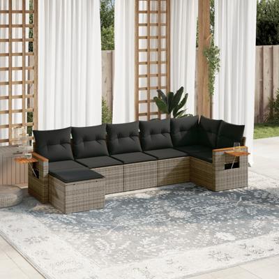 7-delige Loungeset met kussens poly rattan grijs