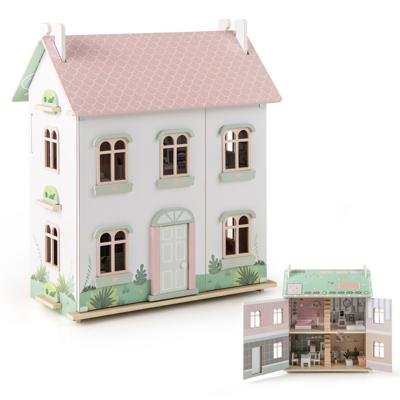 Poppenhuis Hout Poppenhuis 3 Verdiepingen met Dubbelzijdige Daken en Deuren te Openen Dhz-droomhuis Poppenvilla met Meubels