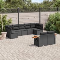9-delige Loungeset met kussens poly rattan zwart