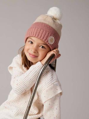 Meisjesmuts + snood + wanten/handschoenen in colorblock voor meisjes roze, gestreept