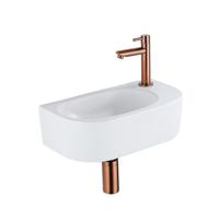 QeramiQ Fuente Fonteinset - 40x21.5x12cm - rechs - glad - halfrond - 1 kraangat - keramiek - fonteinkraan geborsteld koper - afvoerplug - verlaagd sifon - wit mat SW1209551/SW799405/SW799403/SW970033