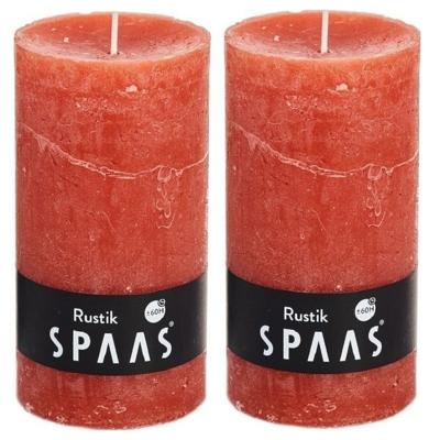 Spaas rustieke cilinderkaars/stompkaars - 2x - oranje - 7 x 13 cm - 60 branduren