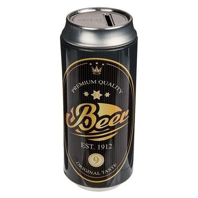 Out of the blue Spaarpot blikje Bier/Beer - metaal - zwart/goud - Drank thema - 16 cm