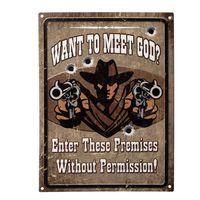Clayre & Eef Tekstbord 25x33 cm Bruin Ijzer Cowboy Want to meet god? Wandbord Bruin Wandbord