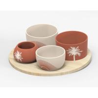 5Five Serveerplank acacia - met 4x schaaltjes terra/wit - D26 cm - tapas en saus schaaltjes - hapjes
