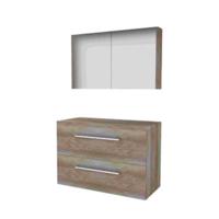 Basic-Line Comfort 46 Badkamermeubelset - 100 x 46 cm - Met Grepen - 2 Lades - Wastafelblad - Spiegelkast - Scotch Oak