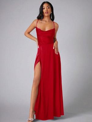 Bon&Bon Lilac Satin Bridesmaid Dress | Cowl Neck Maxi Gown with Split Red / M