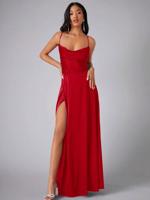 Bon&Bon Lilac Satin Bridesmaid Dress | Cowl Neck Maxi Gown with Split Red / M