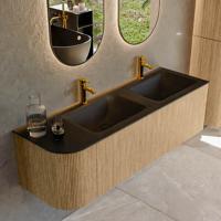 Mondiaz KURVE 145 cm Onderkast Greeploos 1 Lade Met Deuren Oak, Wastafel Solid Surface Rechts Urban 2 Kraangaten Zonder Spiegel (KRVCLO145L1L1D2KD-Oak/Urb)