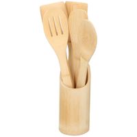 Koken/Keuken houten spatels 5-delig bamboe met houder - Keukenspatels - thumbnail