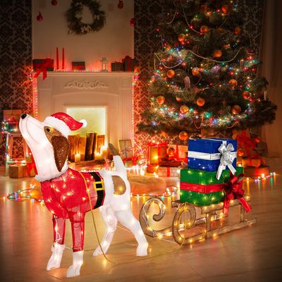 Verlichte Kerstdecoratie Combinatie van Voorverlichte Kersthond Slee en Geschenkdozen Feestelijke Tuindecoratie