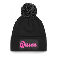 Wintersport muts met pompom - Queen - zwart - roze glitters - one size - volwassenen - Apres ski - thumbnail