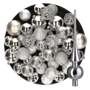 Kerstversiering kunststof kerstballen met piek zilver 6-8-10 cm pakket van 39x stuks