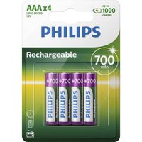PHILIPS AAA-Batterijen - 4 Stuks - HR03 Oplaadbare Batterijen - NiMH 1.2V - 1000 Keer Herladen - 700mAh - thumbnail