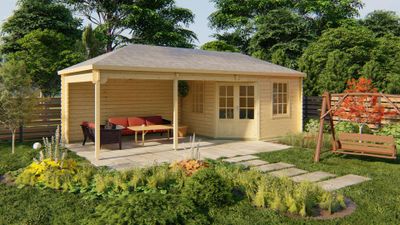 Tuindeco Paiva Blokhut 350x350 cm + luifel 450 cm 44 mm vuren blank- Puntdak- Onbehandeld vurenhout- Tuindeco