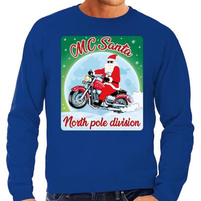 Foute Kersttrui - sweater - MC Santa North Pole division - motorrijders - bikers - blauw - voor here Foute Kersttrui - sweater - MC Santa North Pole division - motorrijders - bikers - blauw - voor here