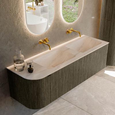 Badmeubel Mondiaz Kurve-Dlux | 145 cm | Meubelkleur Shadow | Wastafelkleur Meli | Solid surface | Dubbel / Rechts spoelbak | Zonder kraangat(en)
