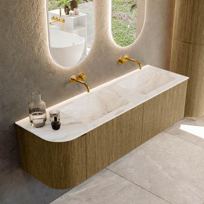 Badmeubel Mondiaz Kurve-Dlux | 155 cm cm | Meubelkleur Dusk | Wastafelkleur Frappe | Solid surface | Dubbel / Rechts spoelbak | Zonder kraangat(en)