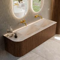 Badmeubel Mondiaz Kurve-Dlux | 145 cm | Meubelkleur Walnut | Wastafelkleur Meli | Solid surface | Dubbel / Rechts spoelbak | Zonder kraangat(en)