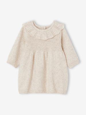 Gebreid babyjurkje met kraagje gemêleerd beige