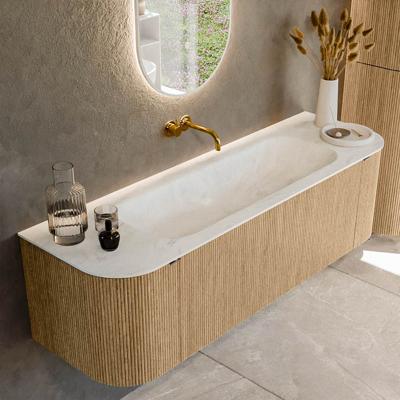Badmeubel Mondiaz Kurve-Dlux | 150 cm | Meubelkleur Oak | Wastafelkleur Opalo | Solid surface | Midden spoelbak | Zonder kraangat(en)