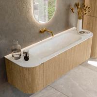 Badmeubel Mondiaz Kurve-Dlux | 150 cm | Meubelkleur Oak | Wastafelkleur Opalo | Solid surface | Midden spoelbak | Zonder kraangat(en)