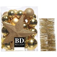 Kerstversiering kerstballen 5-6-8 cm met ster piek en glitter slingers pakket goud van 35x stuks - thumbnail