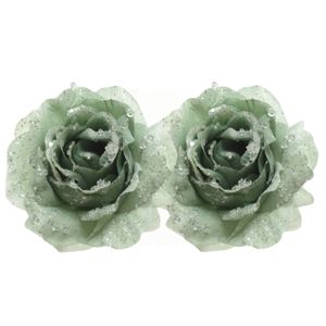 2x Salie groene decoratie bloemen rozen op clip 14 cm