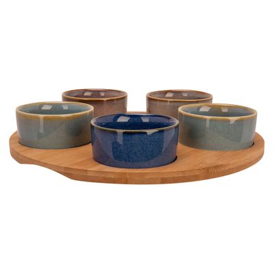 Cosy & Trendy serveerplank bamboe dia 25 cm met 5x luxe hapjes/saus/tapas schaaltjes
