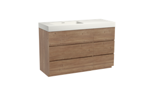 Storke Edge staand badmeubel 130 x 52 cm ruw eiken met Mata High asymmetrisch linkse wastafel in solid surface mat wit