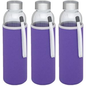 Glazen waterfles/drinkfles - 3x stuks - softshell bescherm hoes paars - 500 ml - Sportfles - Bidon