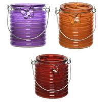 Citronella windlicht met kaars - 3x - paars/oranje en rood - 20 branduren - citrusgeur