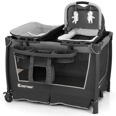 5-in-1 Babybedje Opvouwbaar Reisbedje met Afneembare Wieg Ankleedkussen Matras Opbergrek-Grijs