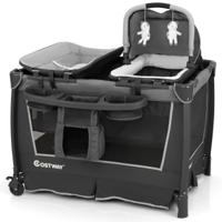 5-in-1 Babybedje Opvouwbaar Reisbedje met Afneembare Wieg Ankleedkussen Matras Opbergrek-Grijs