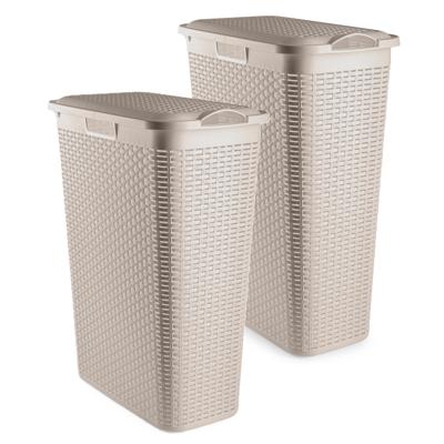 Smalle Wasmand met deksel Rotan - 2x - beige - gevlochten kunststof - 48 liter - 27 x 46 x 60 cm