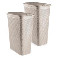 Smalle Wasmand met deksel Rotan - 2x - beige - gevlochten kunststof - 48 liter - 27 x 46 x 60 cm