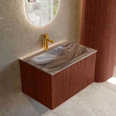 Badmeubel Mondiaz Kurve-Dlux | 70 cm | Meubelkleur Ruby | Wastafelkleur Sombra | Solid surface | Wasbak midden spoelbak | 1 kraangat