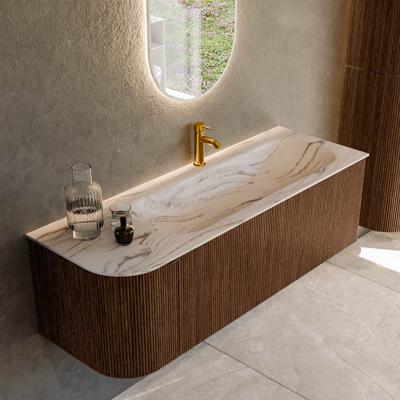 Badmeubel Mondiaz Kurve-Dlux | 135 cm | Meubelkleur Walnut | Wastafelkleur Nata | Solid surface | Wasbak rechter zijde spoelbak | 1 kraangat