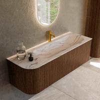 Badmeubel Mondiaz Kurve-Dlux | 135 cm | Meubelkleur Walnut | Wastafelkleur Nata | Solid surface | Wasbak rechter zijde spoelbak | 1 kraangat