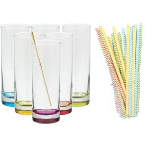 Set van 6x longdrinkglazen en 25x duurzame rietjes papier - 310 ml - Longdrinkglazen