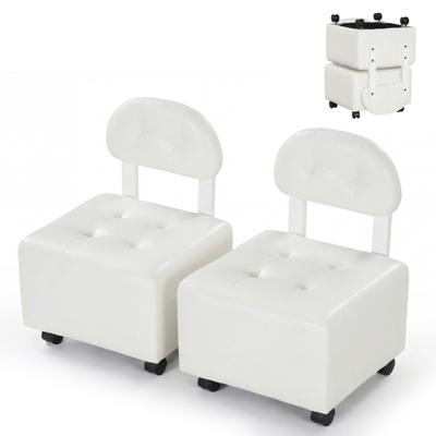 Set van 2 Lage Rolkrukken Ergonomische Rolstoel met Gestoffeerde Rugleuning Zitting en 360°-Zwenkwielen Mobiele Draaikruk-Wit