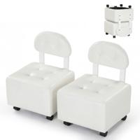 Set van 2 Lage Rolkrukken Ergonomische Rolstoel met Gestoffeerde Rugleuning Zitting en 360°-Zwenkwielen Mobiele Draaikruk-Wit